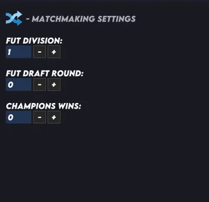 FC 27 cheats menu matchmaking panel with FUT Division, Draft Round and Champions Wins spoofers
