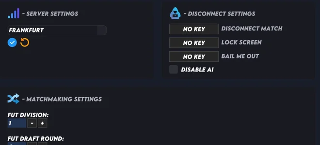 FC 27 cheats menu SERVER tab with the server location picker and disconnect settings