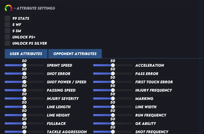 FC 27 cheats menu TEAM tab with 99 stats and user and opponent attribute sliders
