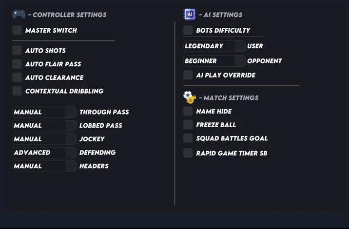 FC 27 cheats menu GENERAL tab with timed finishing, auto shots and bot difficulty settings