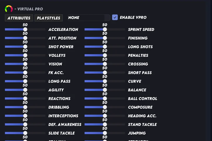 FC 27 cheats menu Virtual Pro tab with per-attribute sliders for your player