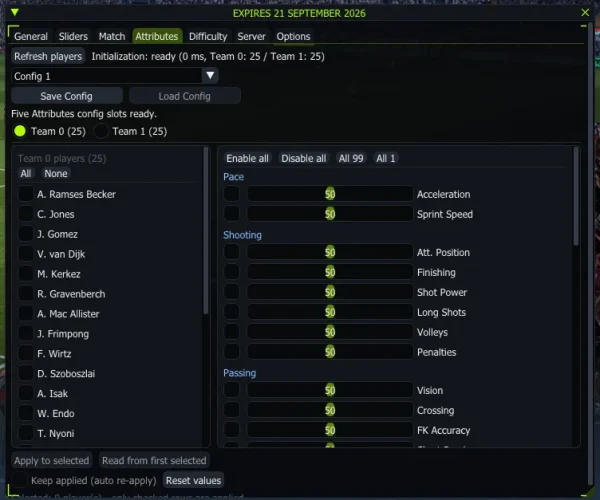 FC 27 cheat menu - Attributes tab with All 99 player attribute editor