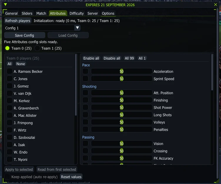 FC 27 cheat menu – Attributes tab with All 99 player attribute editor