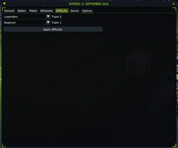 FC 27 cheat menu - Difficulty tab with separate Team 0 and Team 1 difficulty