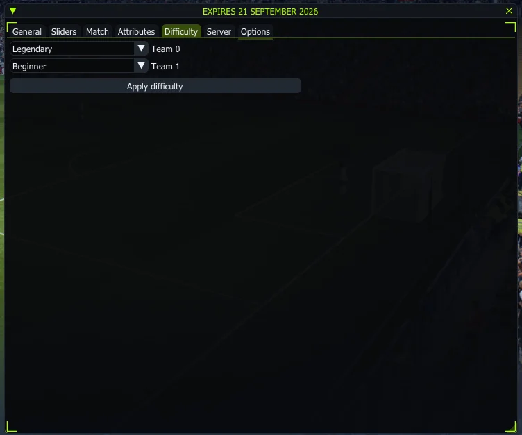 FC 27 cheat menu – Difficulty tab with separate Team 0 and Team 1 difficulty