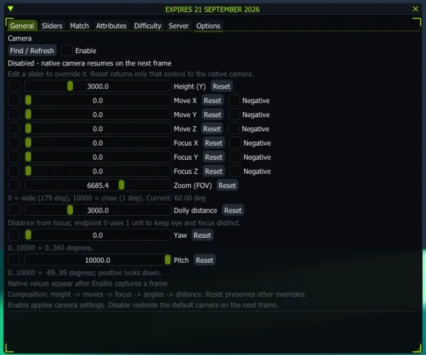 FC 27 cheat menu - General tab with camera height, focus and FOV controls