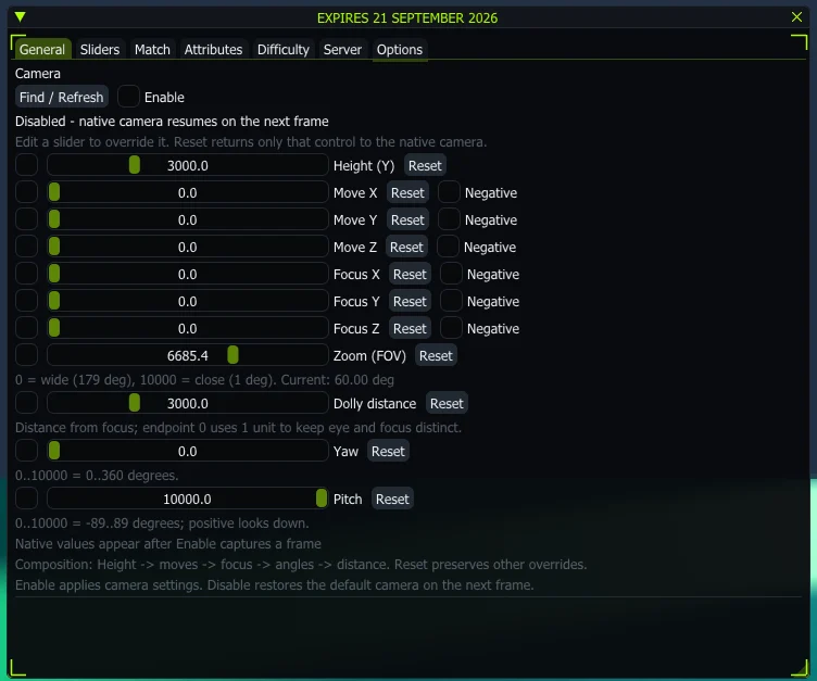 FC 27 cheat menu – General tab with camera height, focus and FOV controls