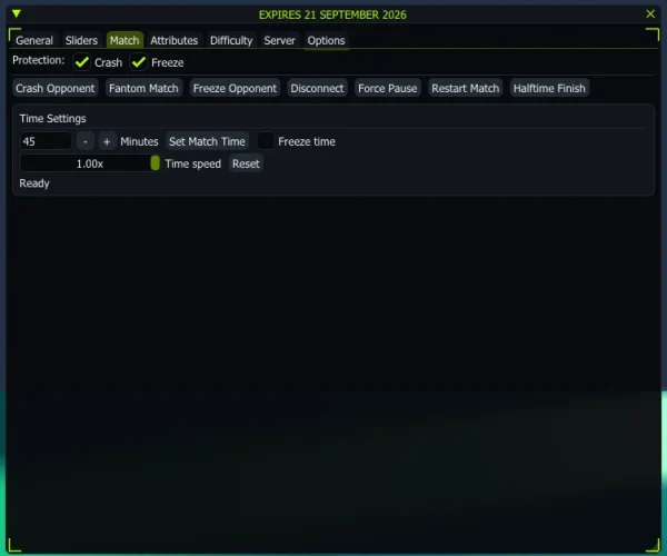 FC 27 cheat menu - Match tab with match time, freeze clock and time speed