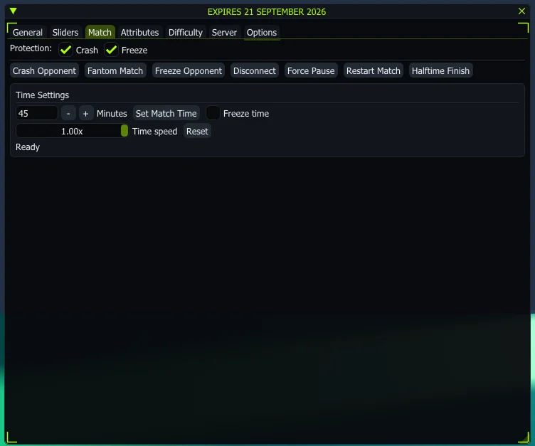 FC 27 cheat menu – Match tab with match time, freeze clock and time speed