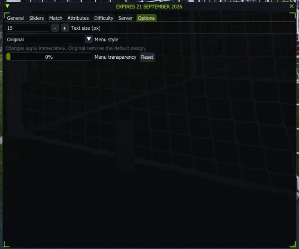 FC 27 cheat menu - Options tab with text size, menu style and transparency