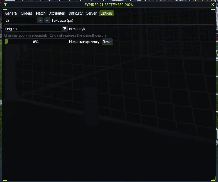 FC 27 cheat menu – Options tab with text size, menu style and transparency