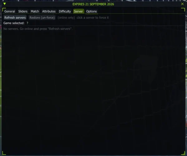 FC 27 cheat menu - Server tab with online server selection and force