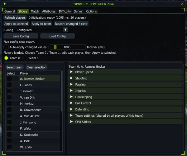 FC 27 cheat menu - Sliders tab with player, team and CPU sliders