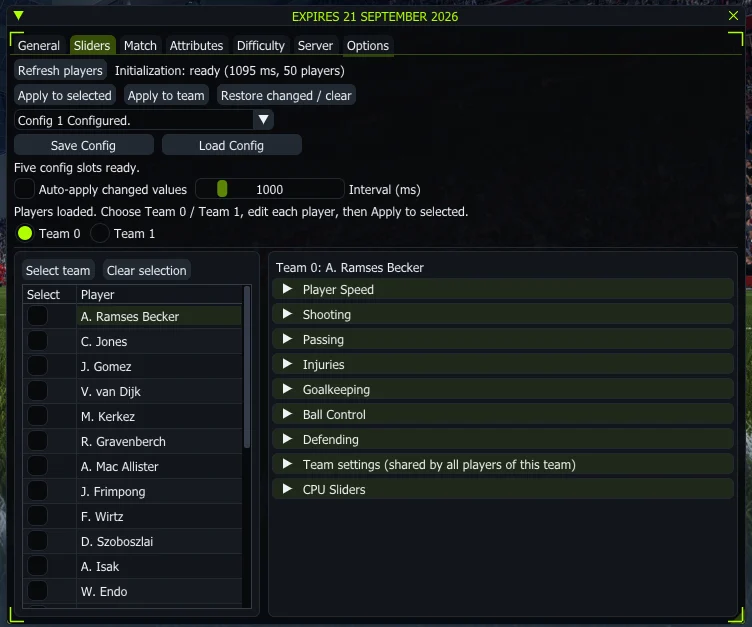 FC 27 cheat menu – Sliders tab with player, team and CPU sliders